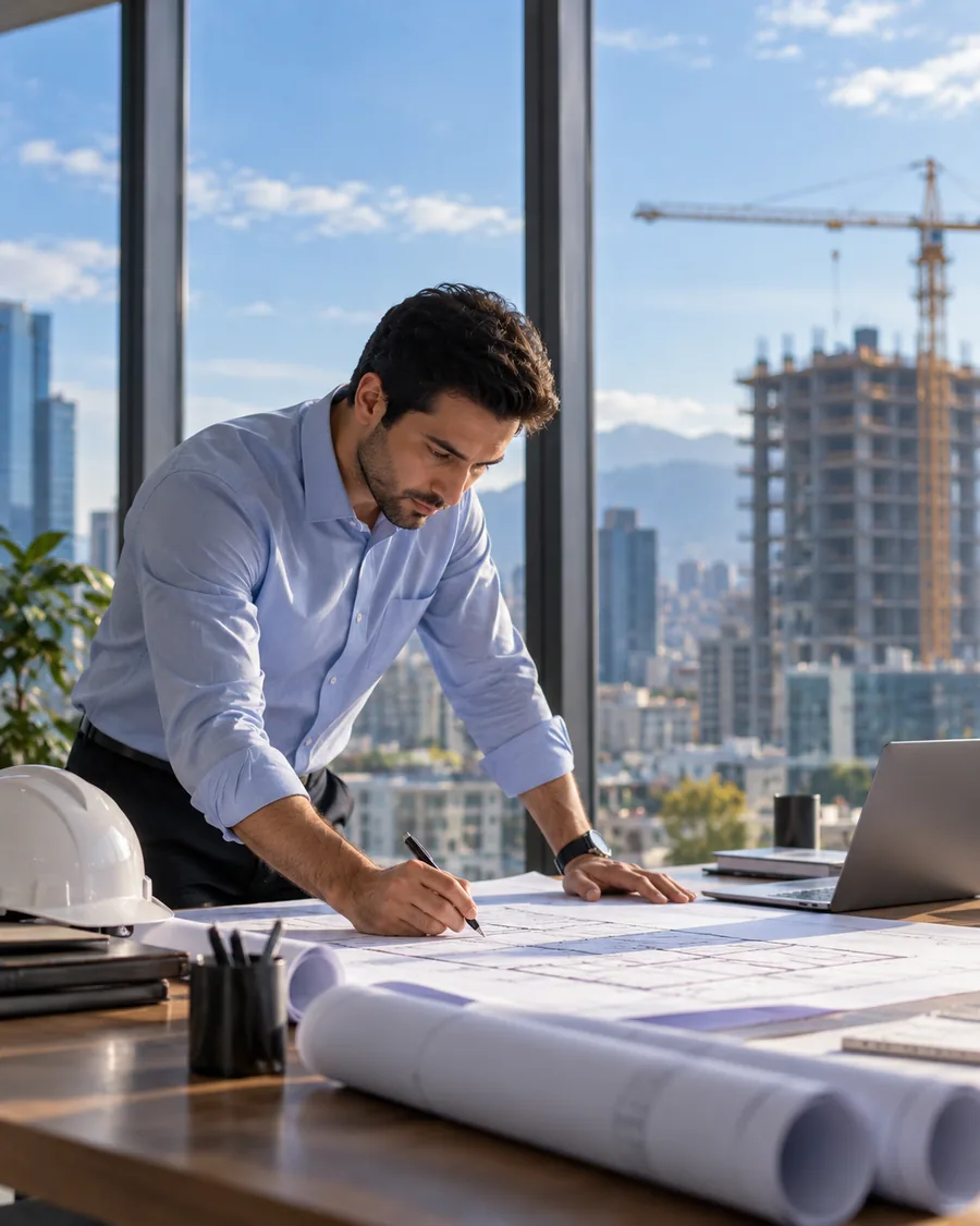 مهندس حرفه‌ای در حال بررسی نقشه‌ها و اسناد تخصصی